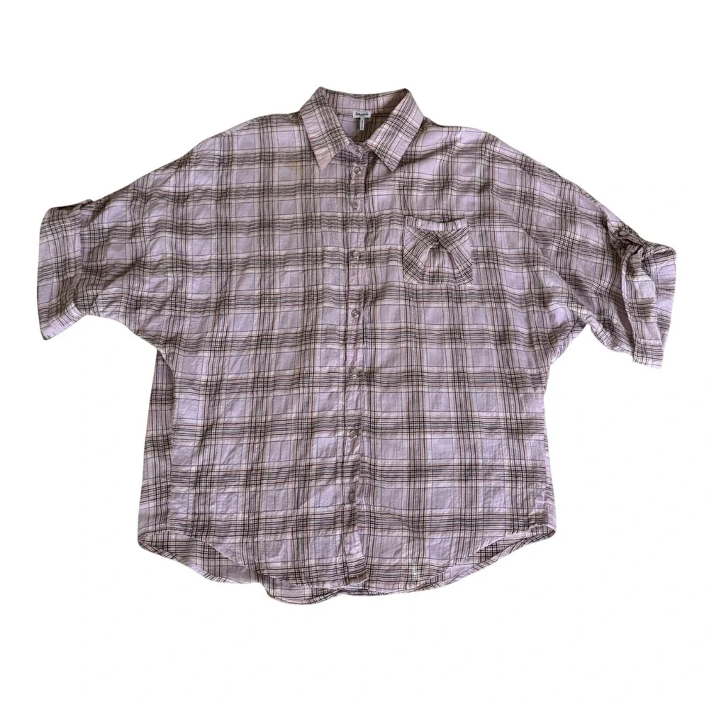 Splendid Short Sleeve Button Sleeve Button Up Shirt Pink Plaid Gauzy Fabric CUTE